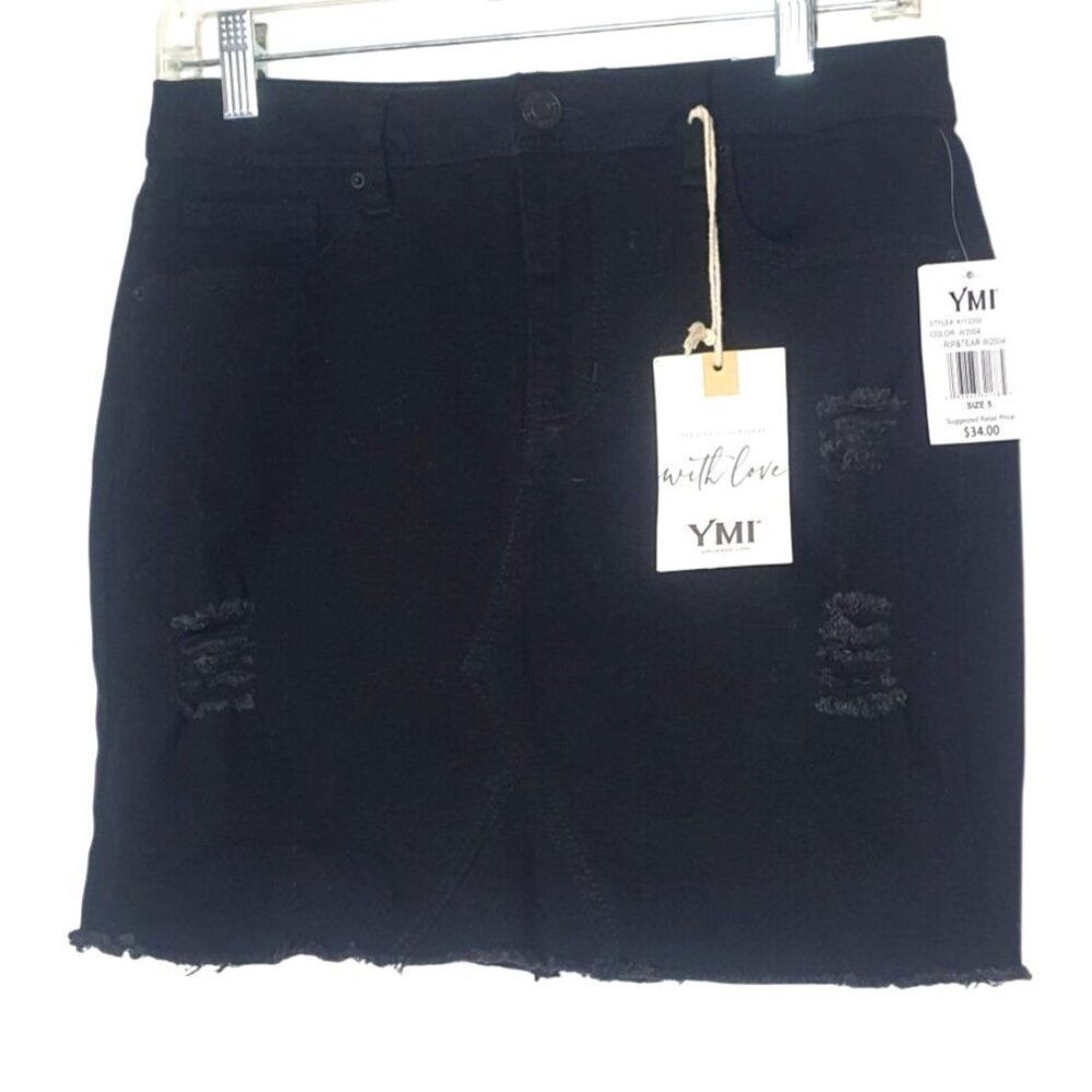 YMI Juniors Mini Skirt Sz 5 Black Stretchy Distressed Denim Y2K Grunge Edgy New